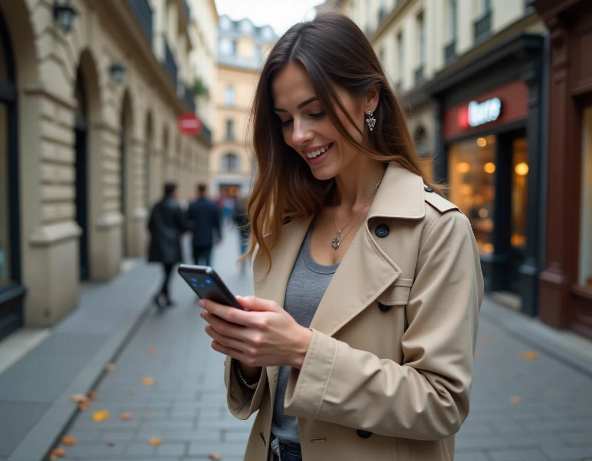 Femme consultant Google Maps itinéraire à pied sur son smartphone dans une rue urbaine