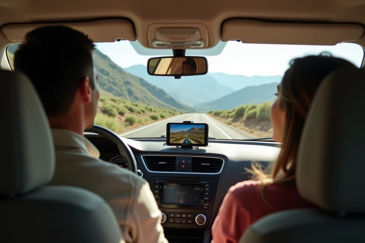 Couple consultant un GPS dans un SUV sur une route de montagne dans le nord du Maroc