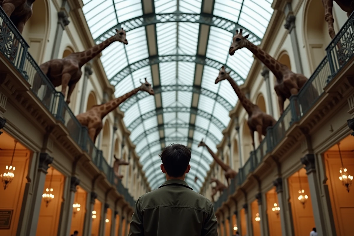 Visiteur admirant les spécimens naturalisés de la Grande Galerie de l'Évolution à Paris un jour de pluie