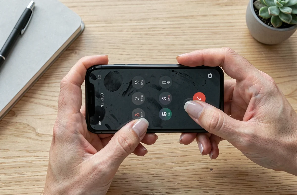 Gros plan de mains tenant un smartphone affichant un indicatif international 39 avant un numéro de téléphone