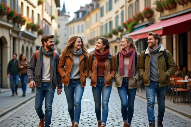 Groupe d'amis dans une rue française pittoresque