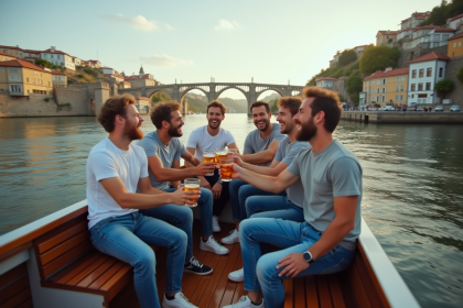 Groupe d'hommes riant sur un bateau dans le Douro à Porto