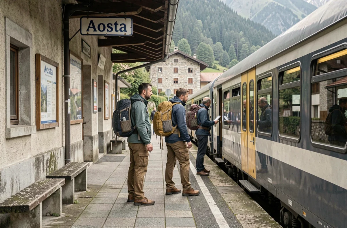 Groupe de voyageurs montant dans un train régional à la gare d'Aoste avec des montagnes en arrière-plan