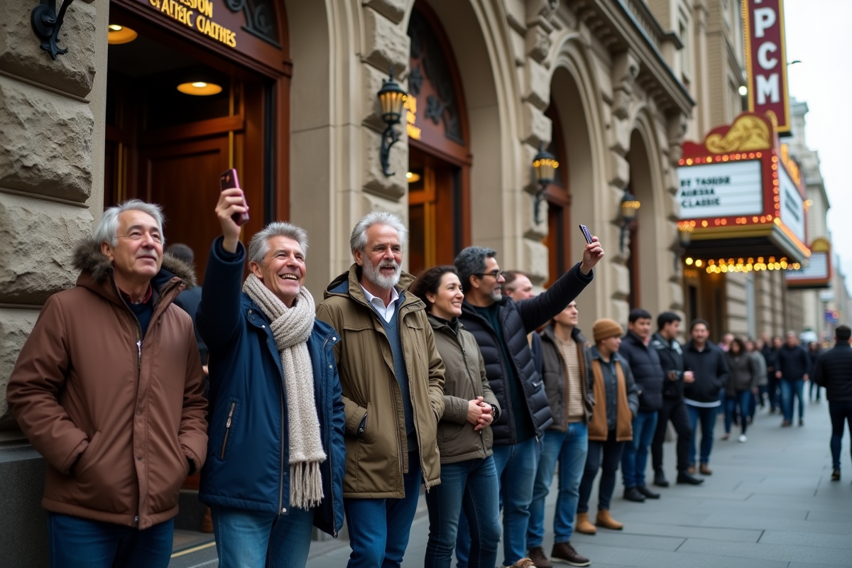 Groupe de passionnes de cinema devant un theatre historique