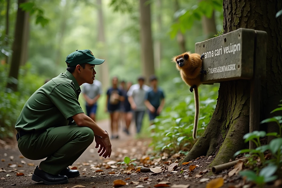 Guide écotouristique philippin montrant un tarsier sauvage à des visiteurs dans un sanctuaire responsable à Bohol