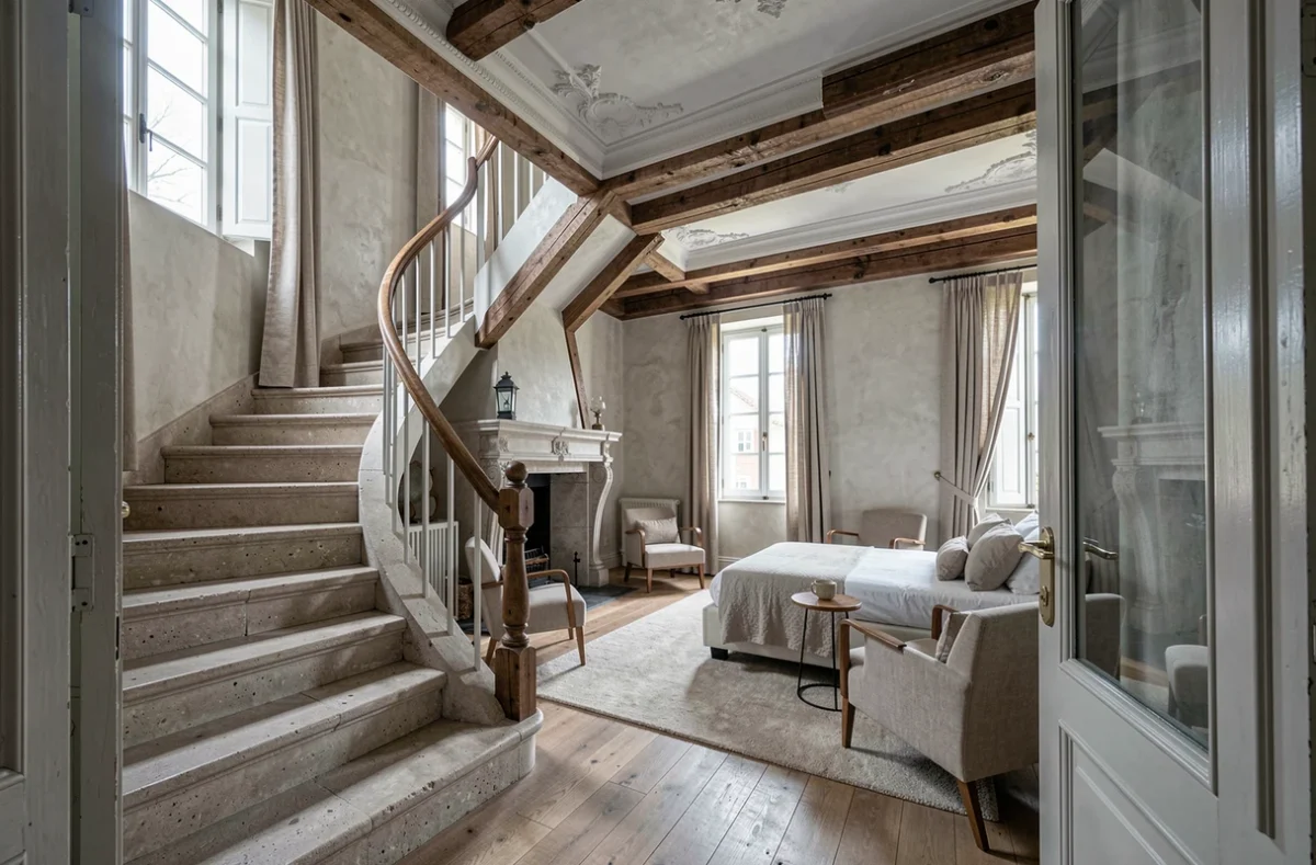 Intérieur élégant de H de Surgères, chambre d'hôtes de caractère avec poutres apparentes, cheminée vintage et décor mêlant ancien et contemporain