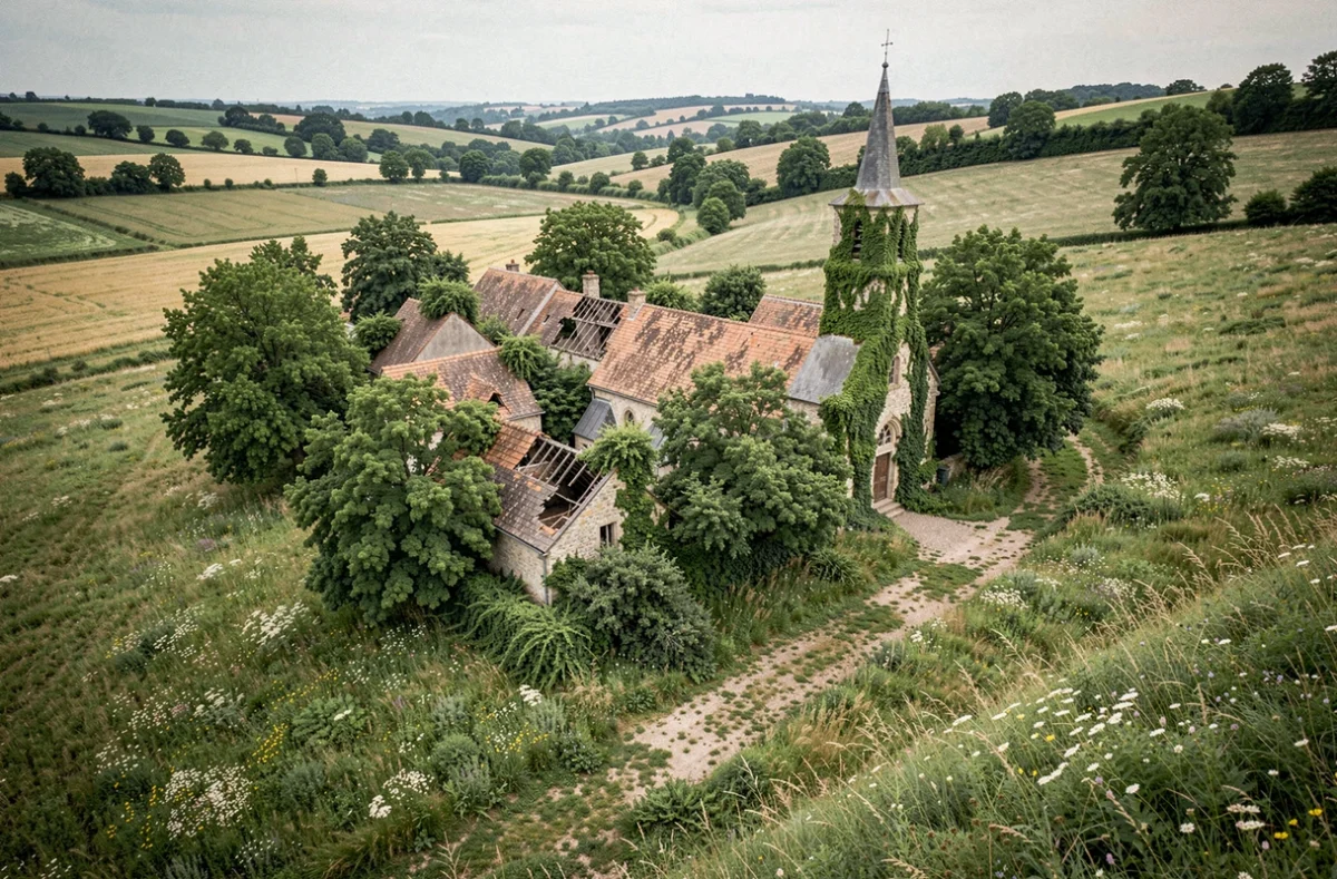 Vue panoramique d'un hameau français abandonné en vallée, toits effondrés et champs rewildés envahis par la végétation naturelle