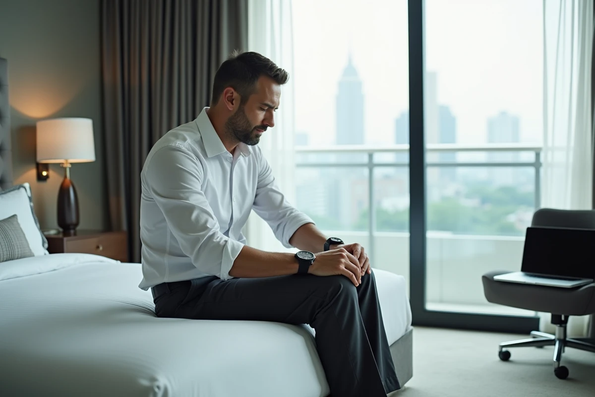 Homme d'affaires en pause sieste dans une chambre d'hôtel haut de gamme avec vue sur la ville, service de sieste daysue pour voyageurs professionnels