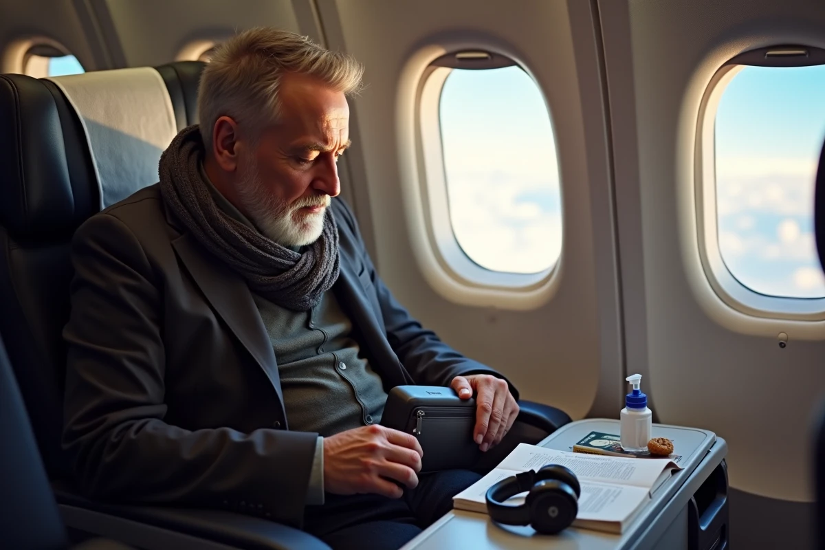 Homme en vol préparant ses accessoires de voyage