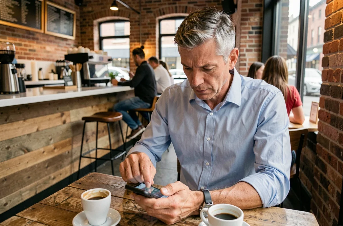 Homme dans un café consultant son téléphone avec un code pays affiché sur l'écran d'appel