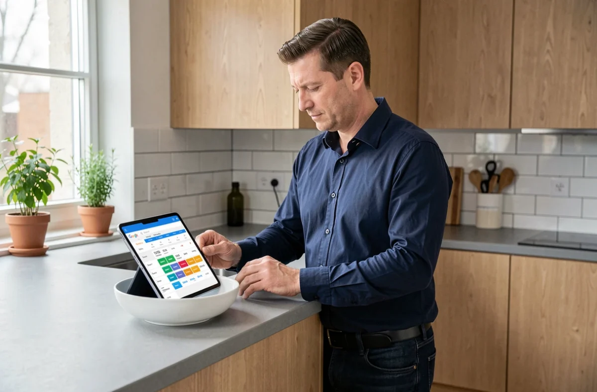 Homme consultant le calendrier de prix Google Flights sur tablette dans une cuisine moderne