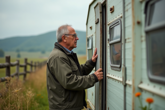 Homme d'âge moyen inspectant une caravane ancienne en campagne