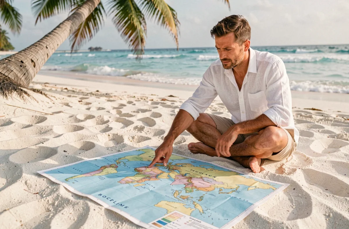 Homme étudiant une carte du monde en français sur une plage de sable blanc aux Maldives