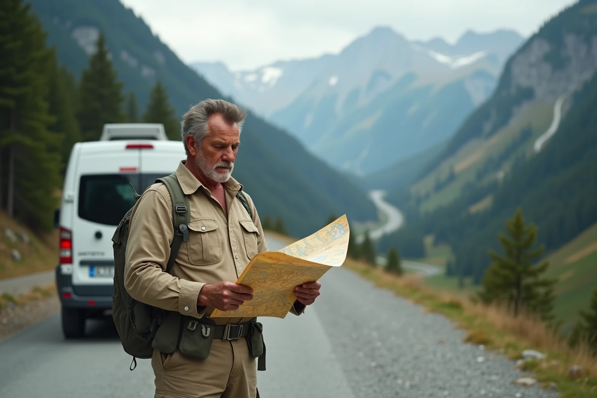Homme consulte une carte routière papier à côté d'un camping-car sur une route de montagne sans connexion