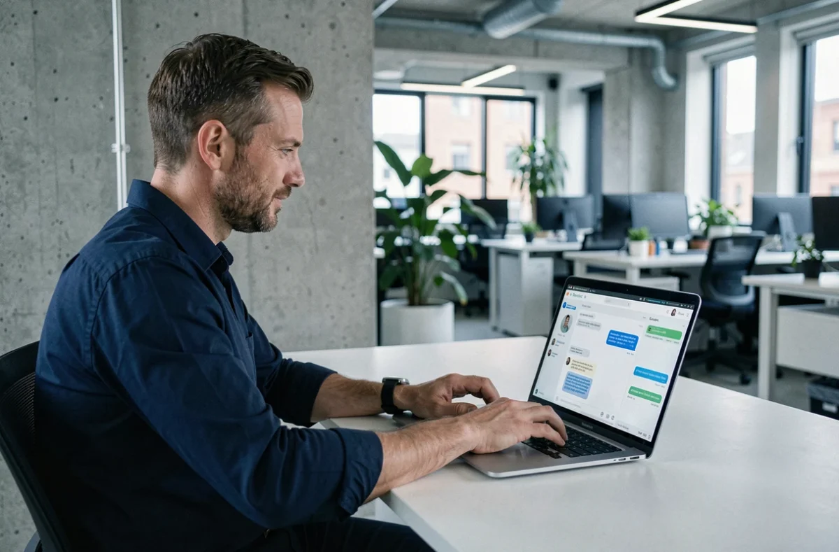 Homme utilisant le chat en ligne SNCF sur son ordinateur portable dans un espace de coworking pour obtenir de l'aide rapidement