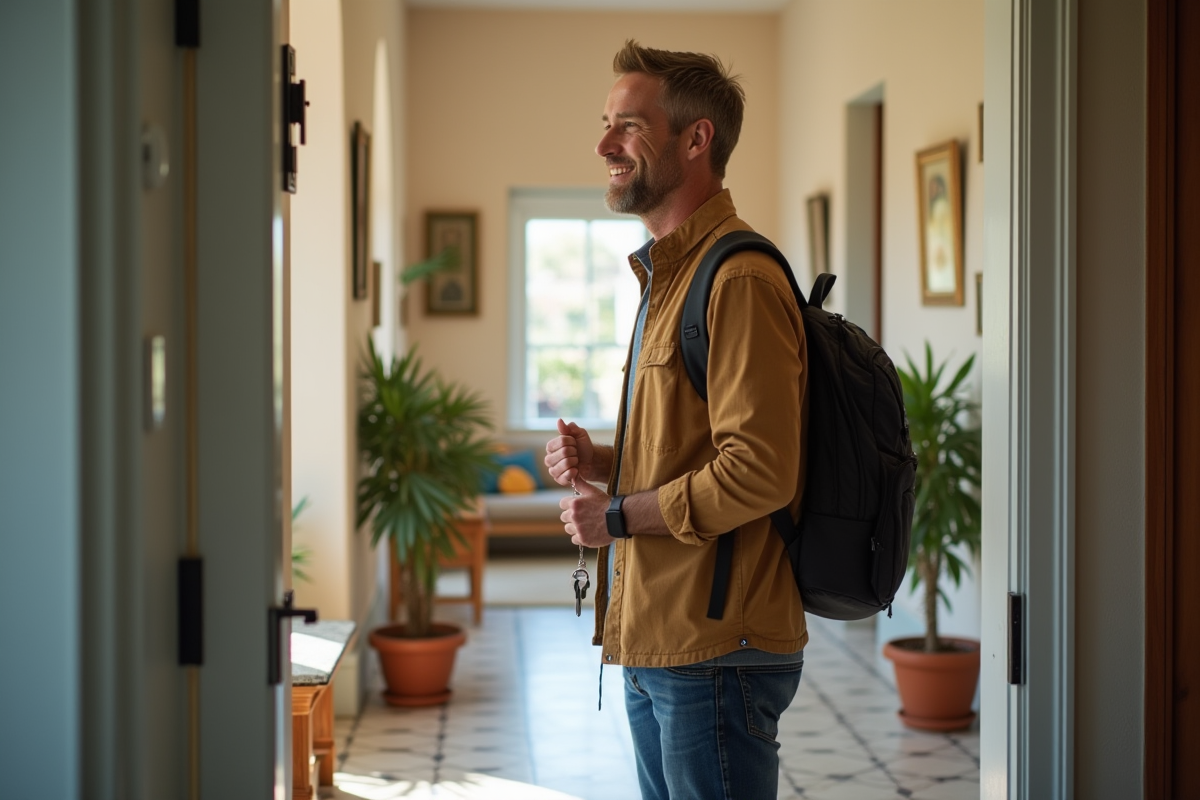 Homme souriant vérifiant ses clés à la sortie de l Airbnb