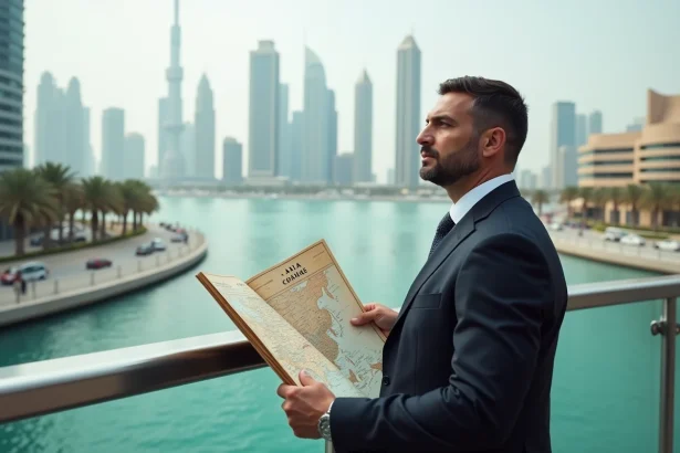 Homme d'âge moyen regardant la skyline de Dubai Marina