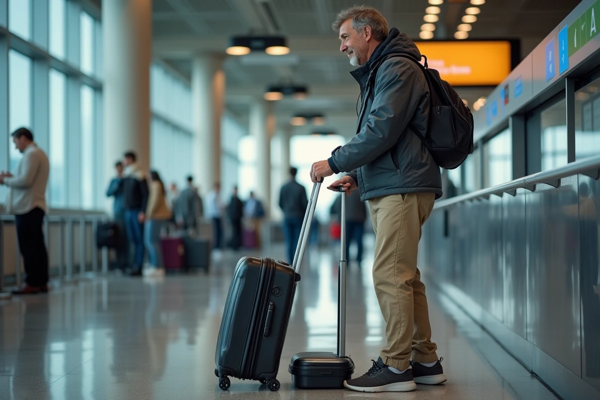 Homme pesant sa valise à l