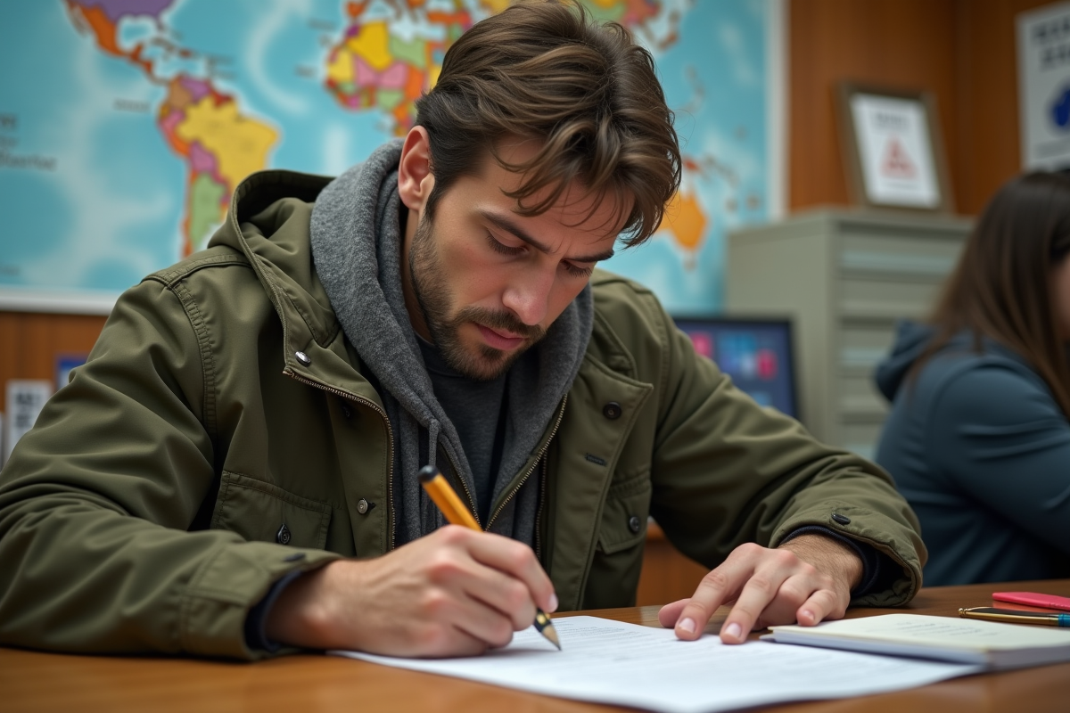Homme français remplissant un formulaire de visa dans un bureau