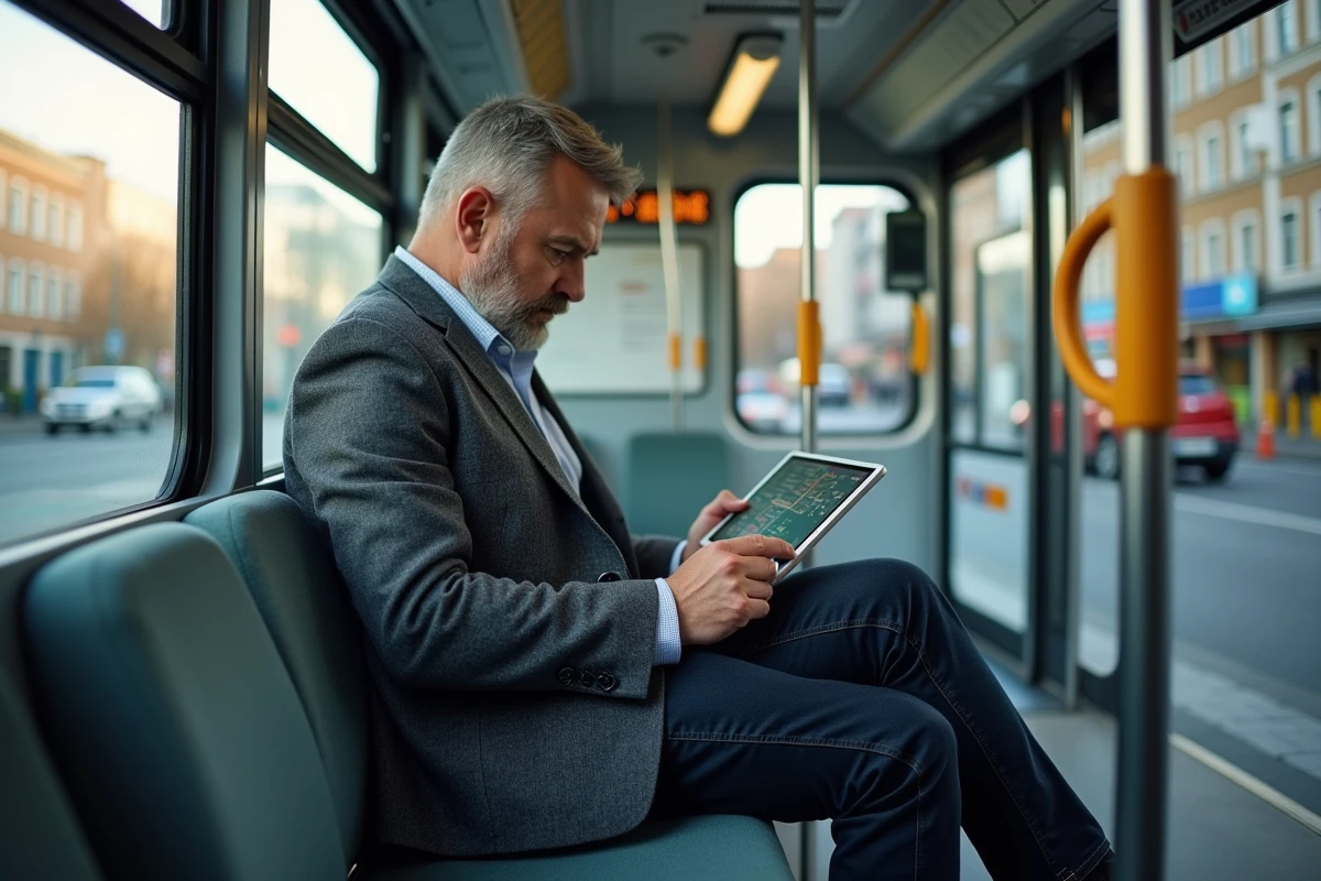 Homme consultant un planificateur d'itinéraire multimodal sur tablette à l'intérieur d'un bus urbain