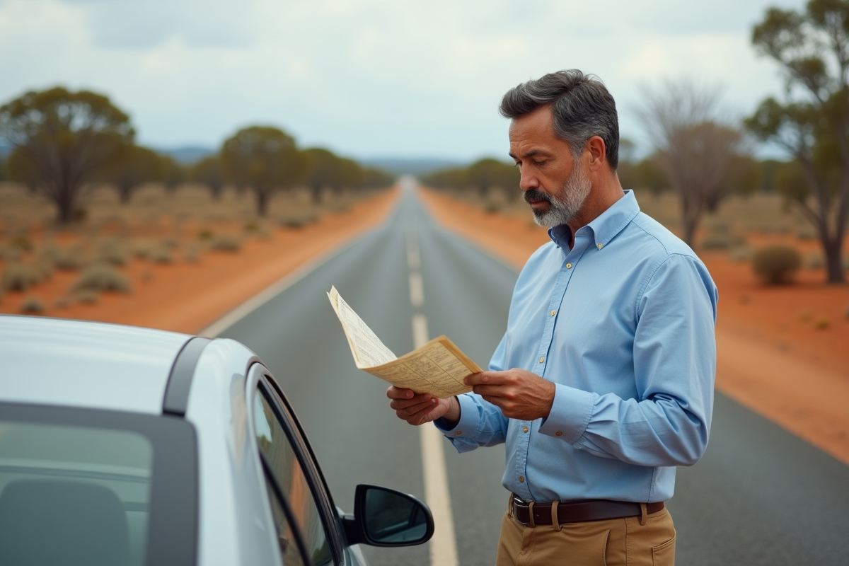Homme regardant une carte sur route australienne