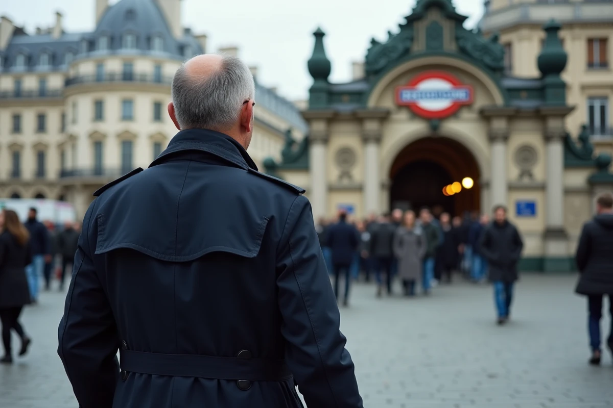 Homme en trench marche vers la station de métro