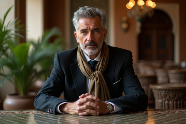 Homme d'âge moyen en costume dans un salon marocain élégant