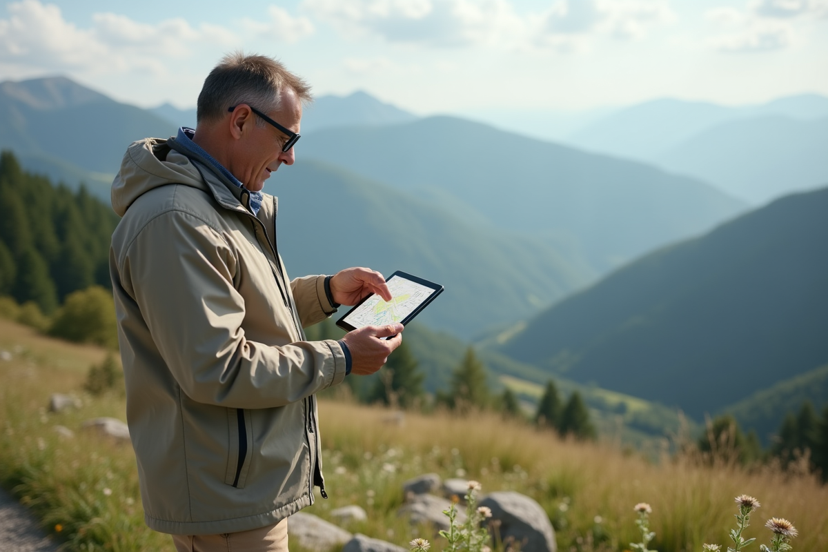 Homme planifiant son itinéraire avec une tablette en nature