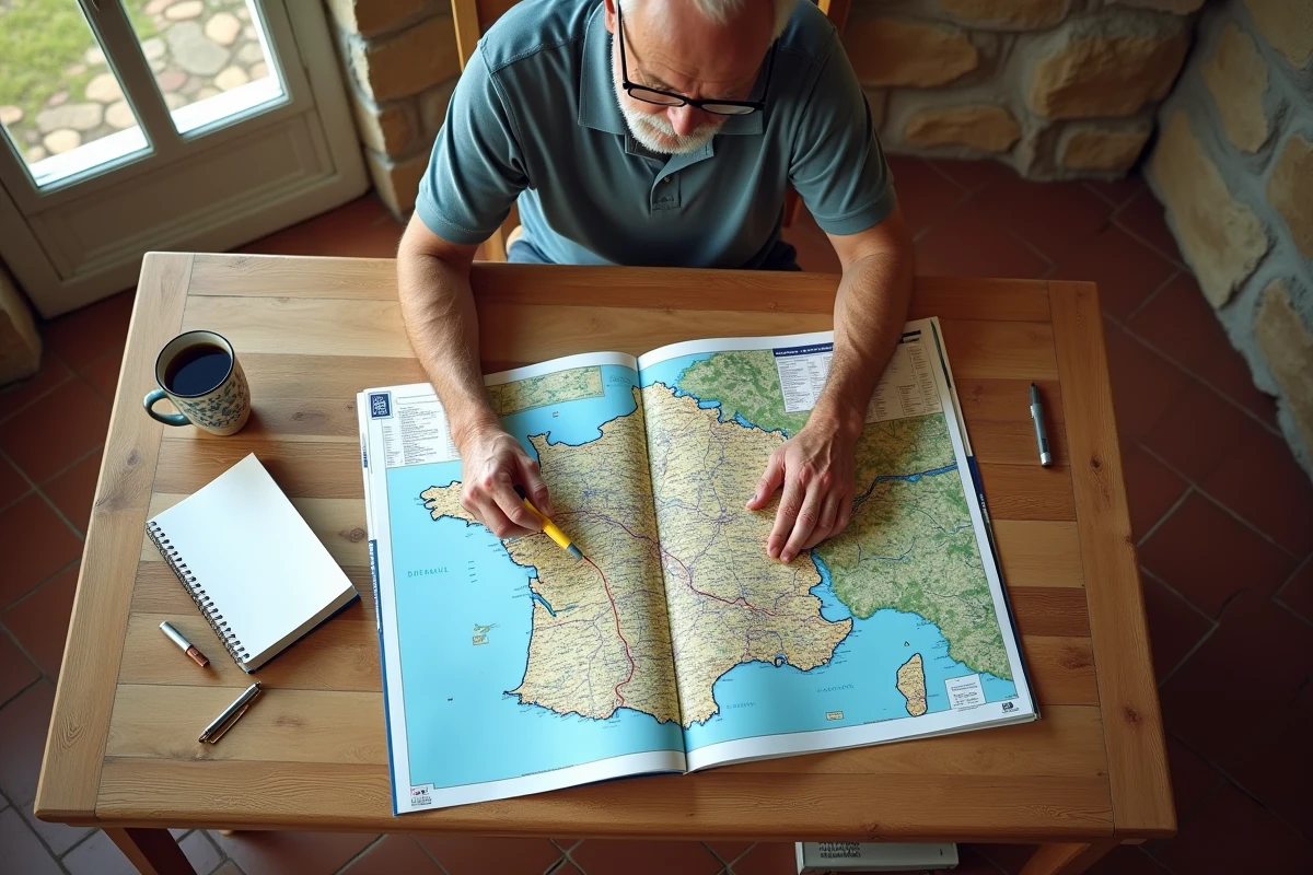 Homme préparant son trajet de vacances 2026 en annotant une carte routière Michelin sur une table de cuisine en France