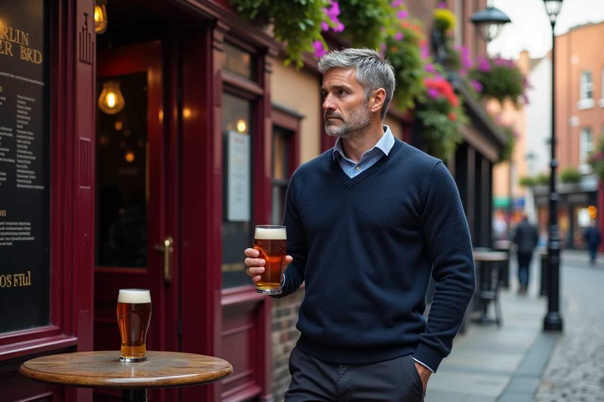 Homme dégustant une pinte devant un pub traditionnel dans le quartier Temple Bar de Dublin en été