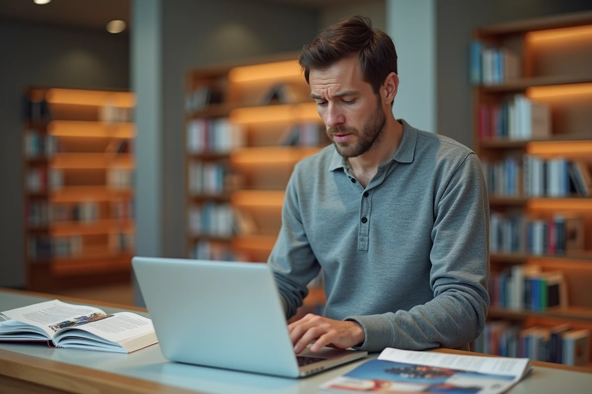 Homme recherchant une ville introuvable sur internet dans une bibliothèque publique moderne