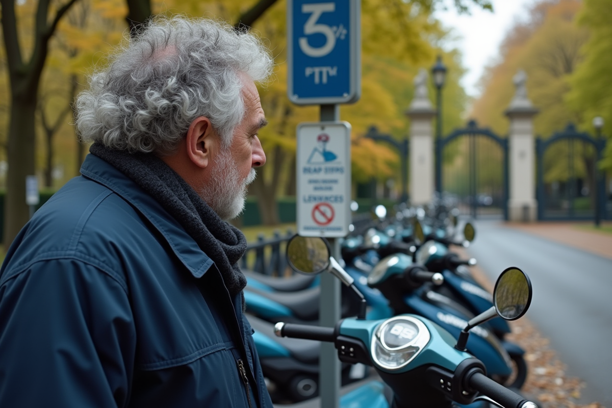 Homme lisant les règles de scooter devant un parc parisien