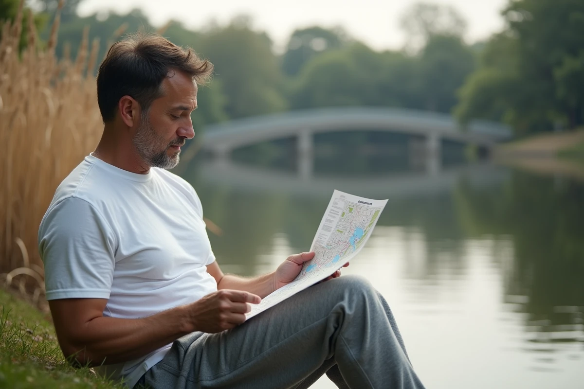 Homme regardant une carte près du lac dans le parc