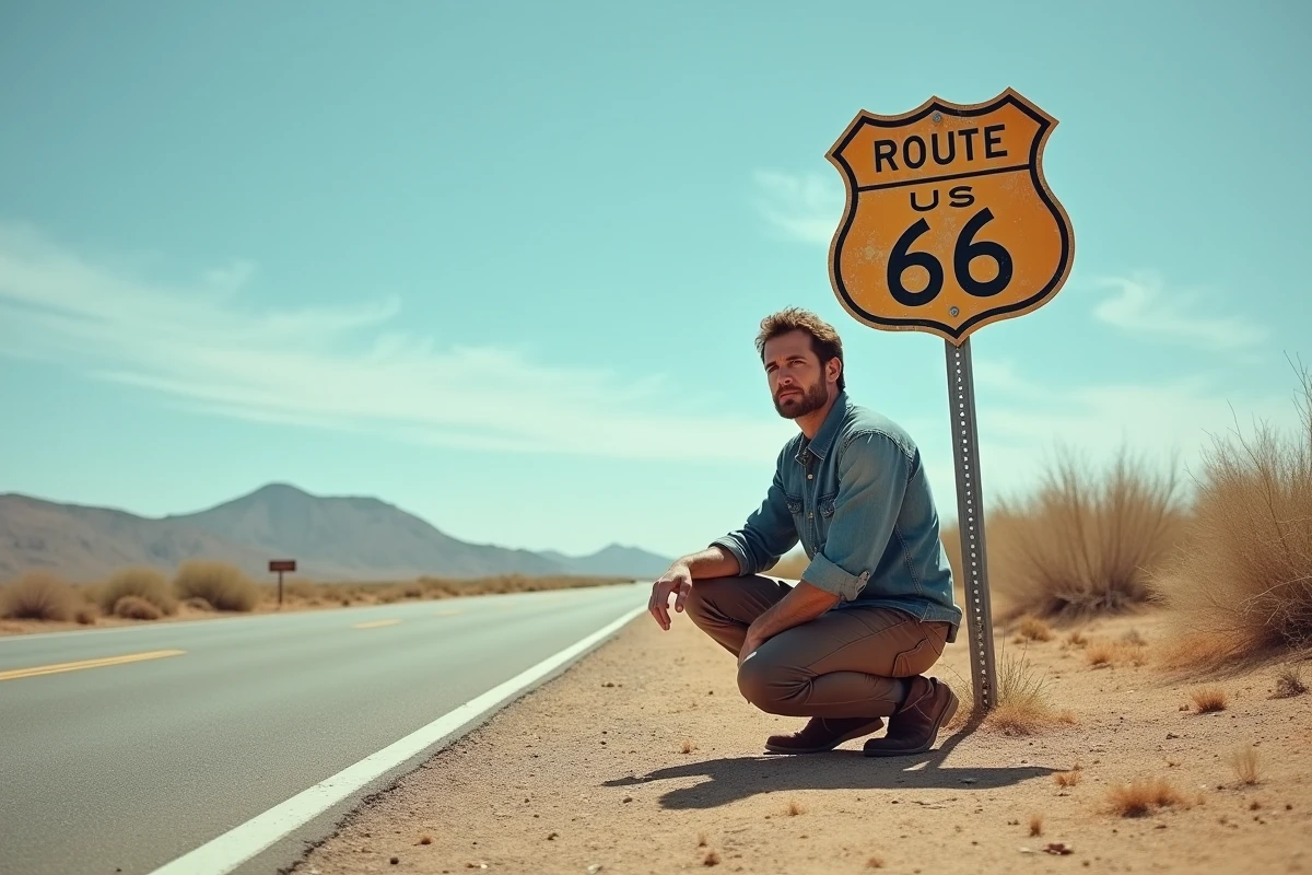 Homme accroupi devant un panneau Route 66 dans le désert Mojave, paysage iconique de l'Ouest américain