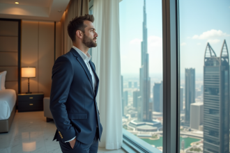Homme en costume dans suite luxe avec vue sur Dubai