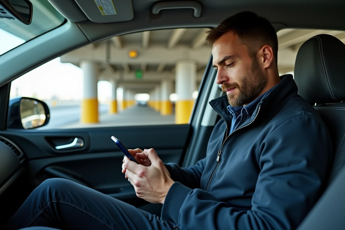 Homme consultant les tarifs du parking couvert P5 depuis son véhicule à l'aéroport de Toulouse