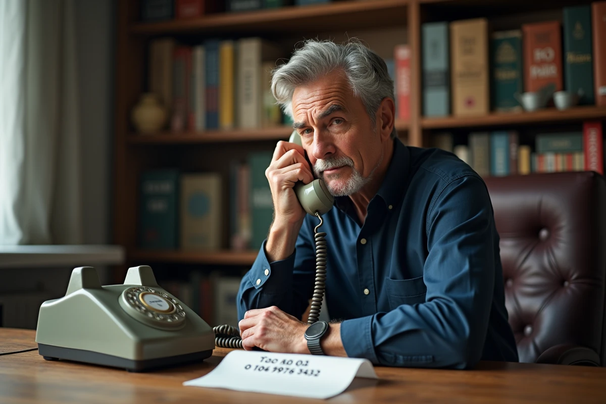 Homme utilisant un téléphone fixe pour composer un numéro international italien avec le préfixe 0039 écrit sur une feuille de papier