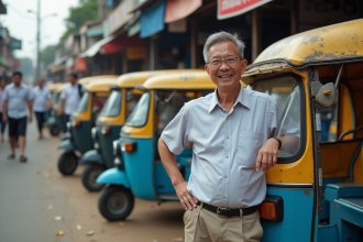 Homme thaïlandais devant un tuk tuk coloré au marché