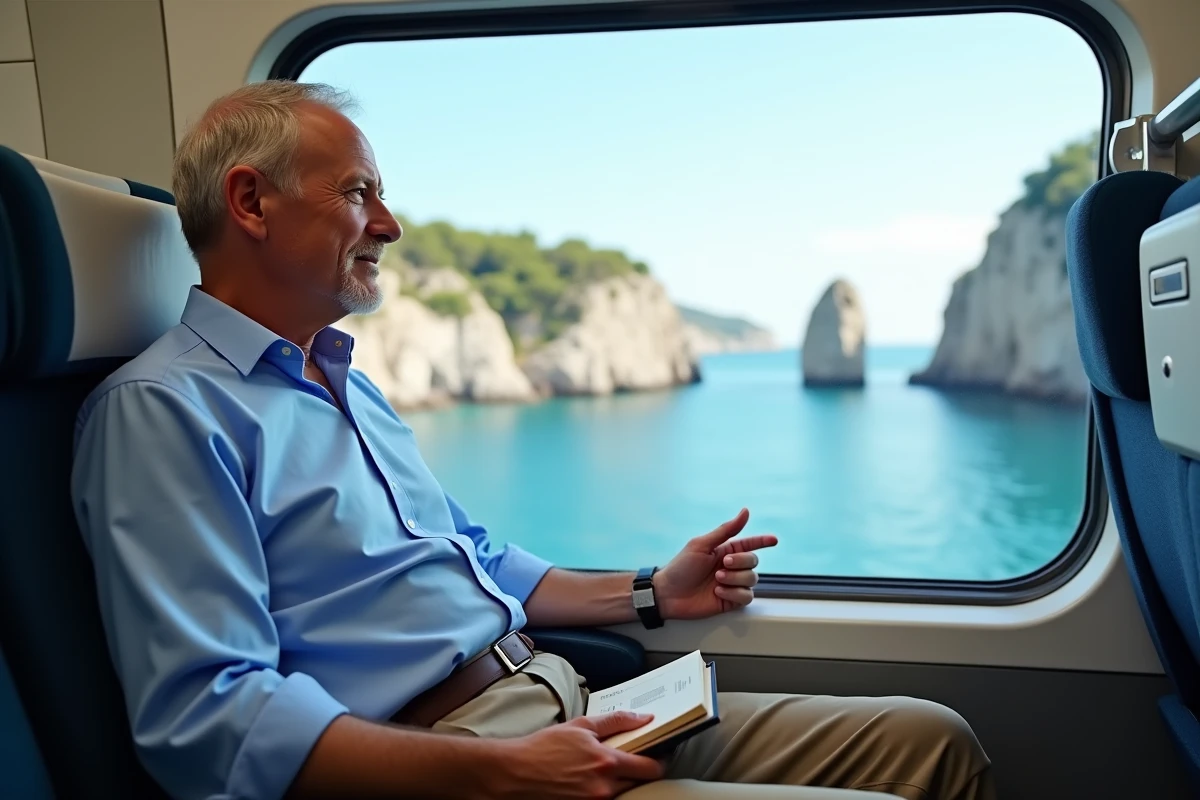 Homme regardant la mer depuis un train entre Monaco et Eze