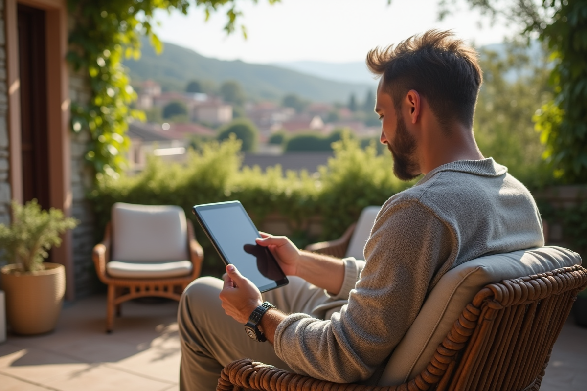 Homme d age moyen sur terrasse regardant une tablette