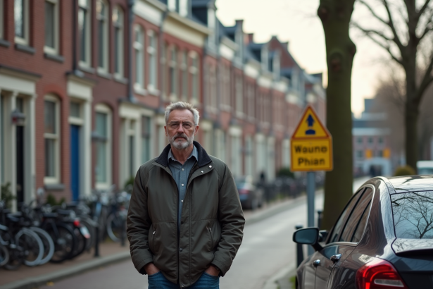 Homme d'âge moyen près d'une voiture néerlandaise sur une rue pavée