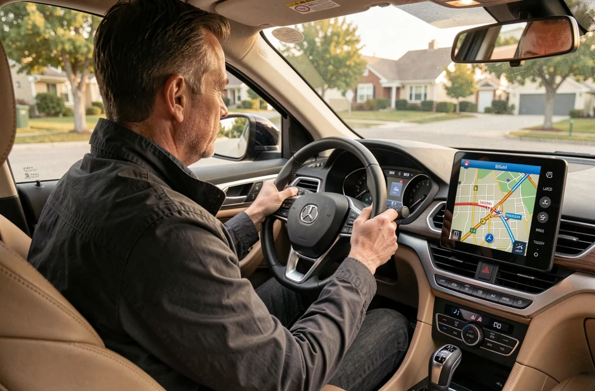 Homme en voiture consultant un GPS avec un itinéraire domicile-travail calculé évitant les embouteillages