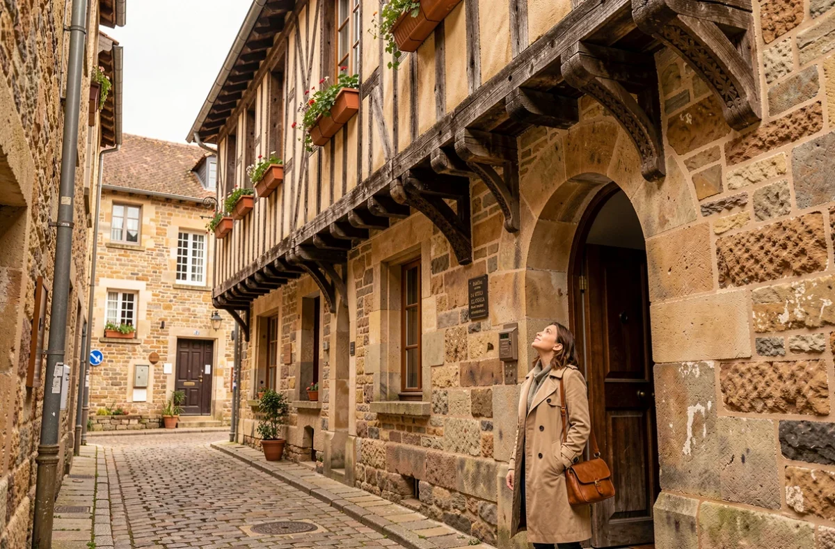 Façade médiévale à colombages de l'Hôtel de l'Agena dans les ruelles pavées du vieux Vannes