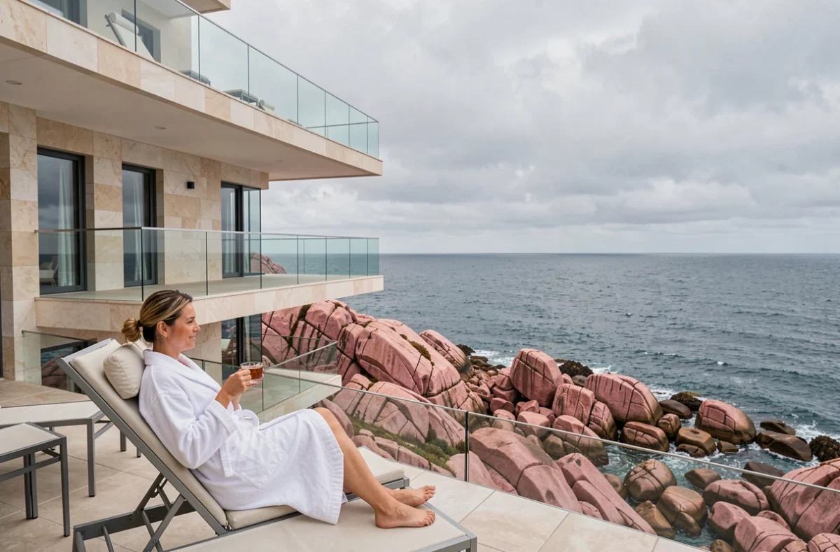 Terrasse de l'Hôtel et Spa L'Agapa à Perros-Guirec surplombant la Côte de Granit Rose