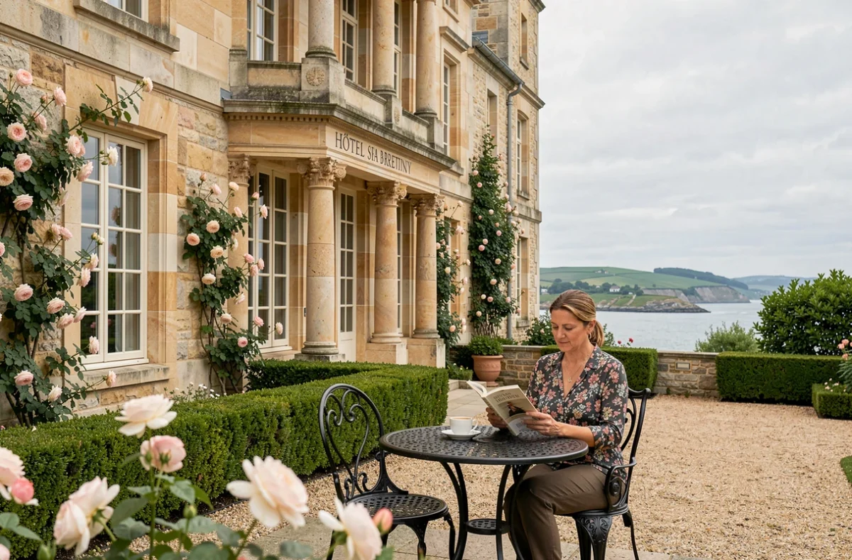 Manoir Renaissance en granit de l'Hôtel et Spa Le Brittany à Roscoff avec terrasse et jardin