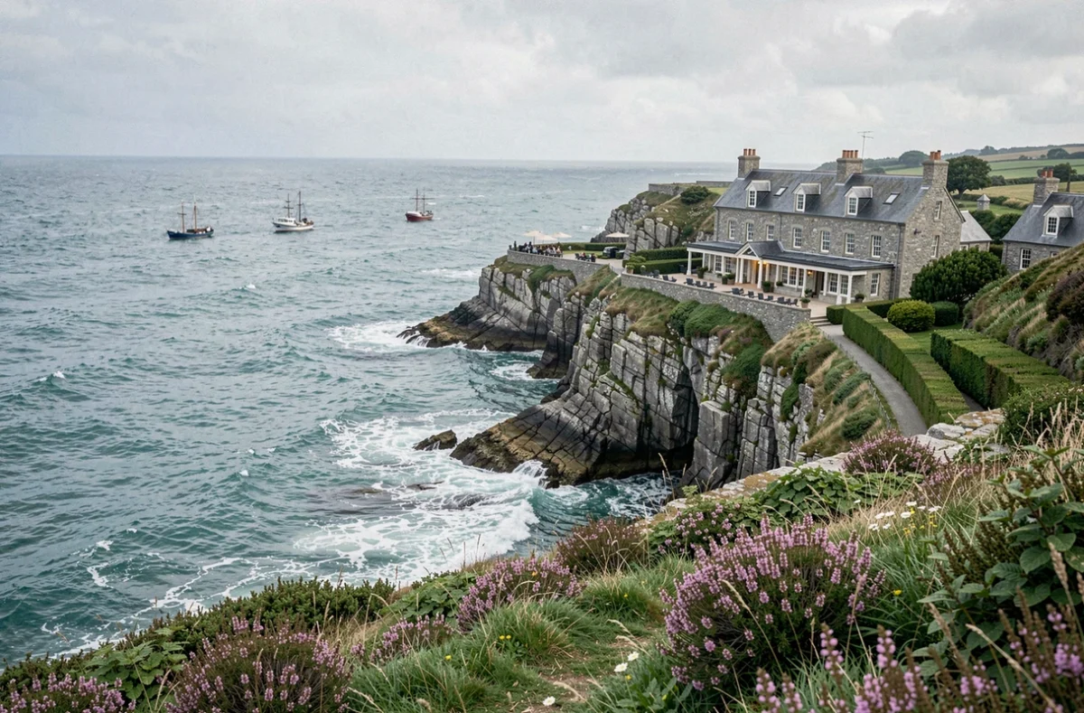 Vue panoramique d'un hôtel 4 étoiles sur les côtes bretonnes, avec falaises de granit et mer turquoise en arrière-plan