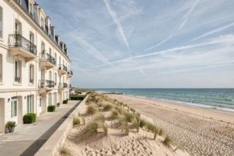Vue panoramique d'un hôtel en bord de mer dans les Pays de la Loire avec plage et façade blanche face à l'Atlantique