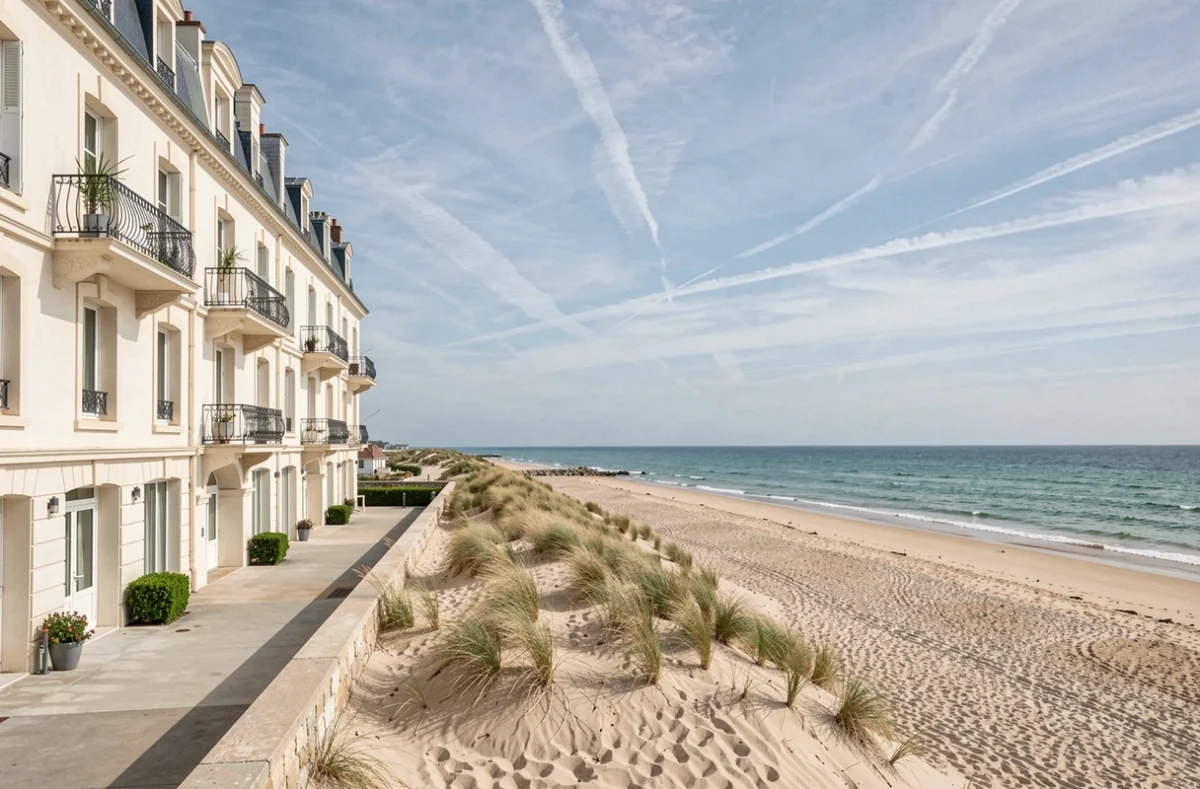 Vue panoramique d'un hôtel en bord de mer dans les Pays de la Loire avec plage et façade blanche face à l'Atlantique
