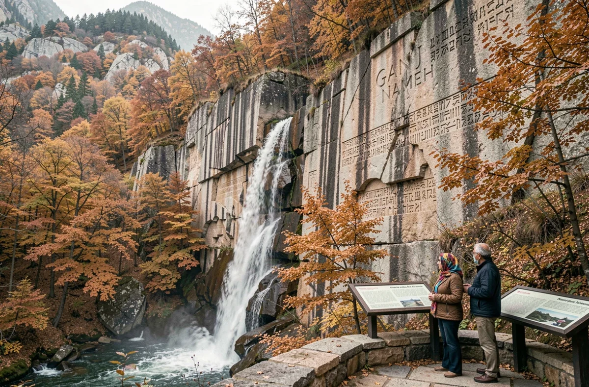 Inscriptions cunéiformes de Ganj Nameh gravées dans la falaise près de Hamadan avec une cascade et des forêts automnales