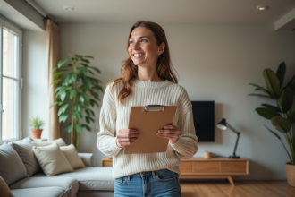 Femme inspectant un plafond dans un salon Airbnb moderne